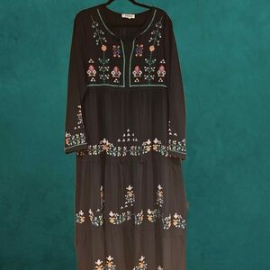 Elegant Black Maxi Dress with Colorful Embroidery